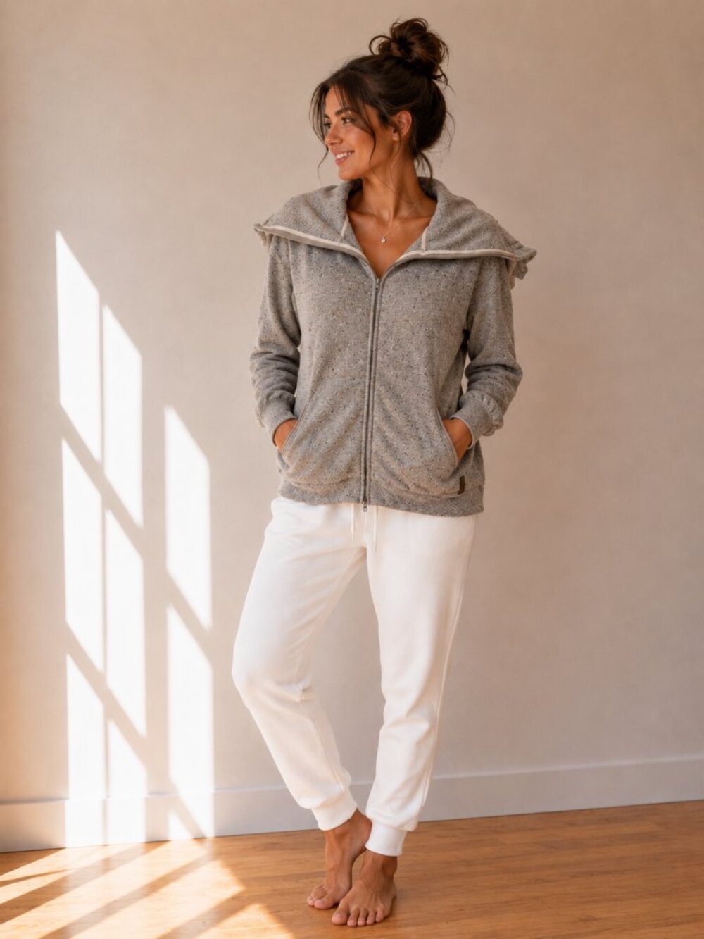 Roots Women's Heather Taupe/Grey Zip-Up Hoodie